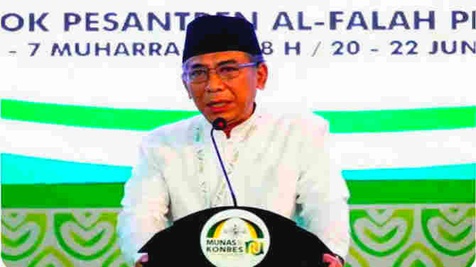 Gus Yahya Cholil Staquf memberikan sambutan pada pembukaan Munas Alim Ulama dan Konbes NU 2026 di Pondok Pesantren Al-Falah Ploso, Kabupaten Kediri.
