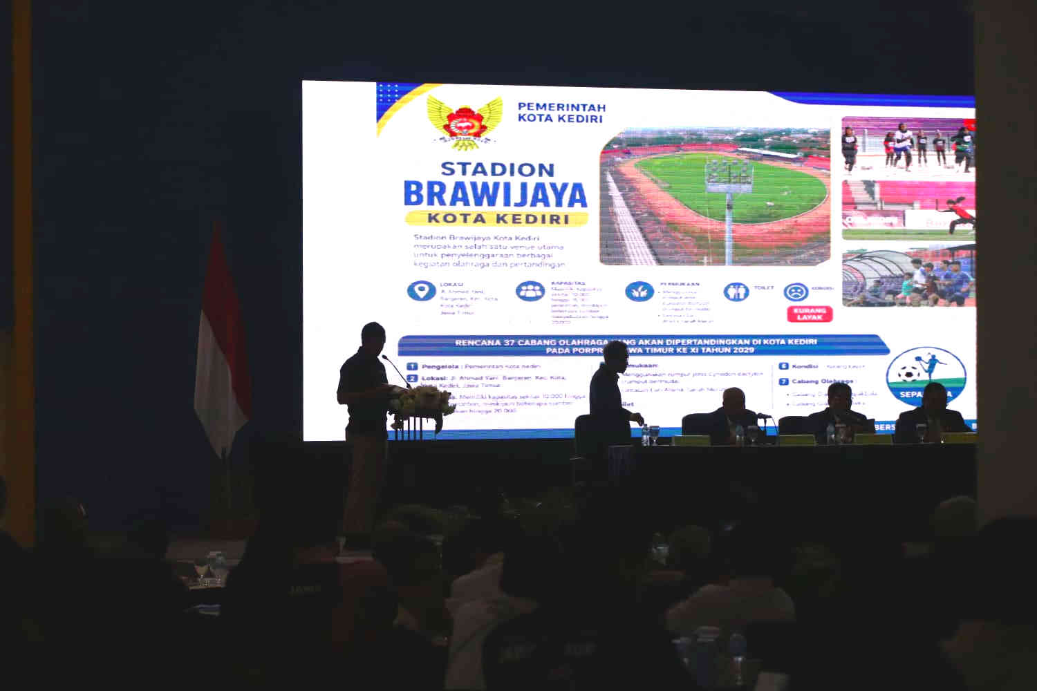 Paparan kesiapan Kota Kediri menjadi calon tuan rumah Porprov Jawa Timur 2029 dalam Rakerprov KONI Jatim di Surabaya dengan menampilkan Stadion Brawijaya sebagai salah satu venue utama.